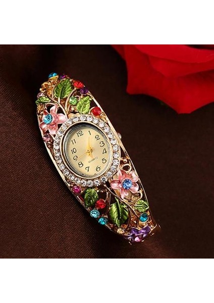 Altın 2021 Lüks Quartz Saat Bileklik Elbise Izle Vintage Sahte Kristal Alaşım Güzel Çiçek Desenli Bilezik Izle Rahat (Yurt Dışından)