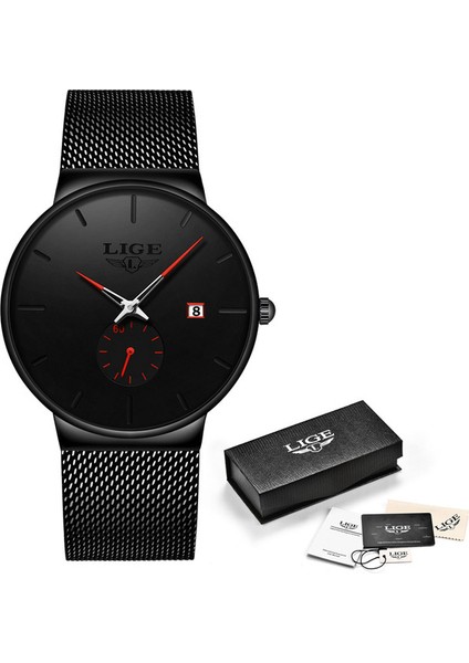 Siyah Kırmızı Lıge Örgü Çelik Erkek Saatler Marka Lüks Ultra-Ince Su Geçirmez Kuvars Izle Erkekler Iş Takvimi Spor Saat Relojes Hombre (Yurt Dışından)