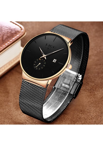 Siyah Kırmızı Lıge Örgü Çelik Erkek Saatler Marka Lüks Ultra-Ince Su Geçirmez Kuvars Izle Erkekler Iş Takvimi Spor Saat Relojes Hombre (Yurt Dışından) fırsatları