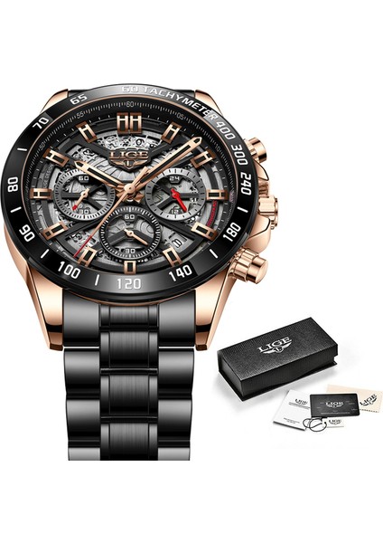 Gül Altın Siyah 2021 Adam Için Spor Saatler Lıge Üst Marka Paslanmaz Çelik Su Geçirmez Saatler Erkek Saatler Askeri Kuvars Bilek Izle Chronograph (Yurt Dışından)