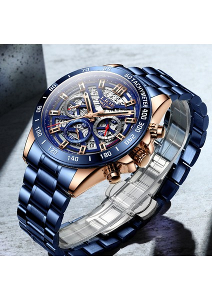 Gül Altın Siyah 2021 Adam Için Spor Saatler Lıge Üst Marka Paslanmaz Çelik Su Geçirmez Saatler Erkek Saatler Askeri Kuvars Bilek Izle Chronograph (Yurt Dışından)