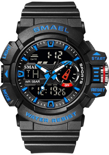 Siyah Mavi Smael Askeri Saatler Erkekler Spor Izle Su Geçirmez Kol Saati Kronometre Alarm LED Işık Dijital Saatler Erkek Büyük Kadran Saat 8043 (Yurt Dışından)