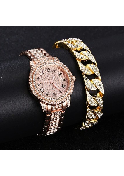 2 Adet Set Gül Altın Pırlanta Kadın Saatler Altın Izle Bayanlar Bilek Saatler Lüks Marka Taklidi Kadın Bilezik Saatler Kadın Relogio Feminino (Yurt Dışından)