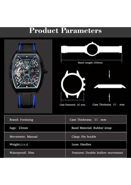 Gümüş Sarı Forsınıng Erkekler Mavi Otomatik Mekanik Saatler Silikon Kayış Tonneau Durumda Su Geçirmez Aydınlık Erkek Saat Montre Homme (Yurt Dışından) modelleri