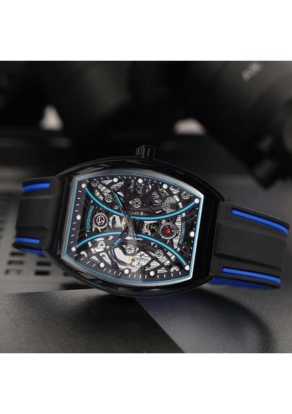 Gümüş Sarı Forsınıng Erkekler Mavi Otomatik Mekanik Saatler Silikon Kayış Tonneau Durumda Su Geçirmez Aydınlık Erkek Saat Montre Homme (Yurt Dışından) indirimleri