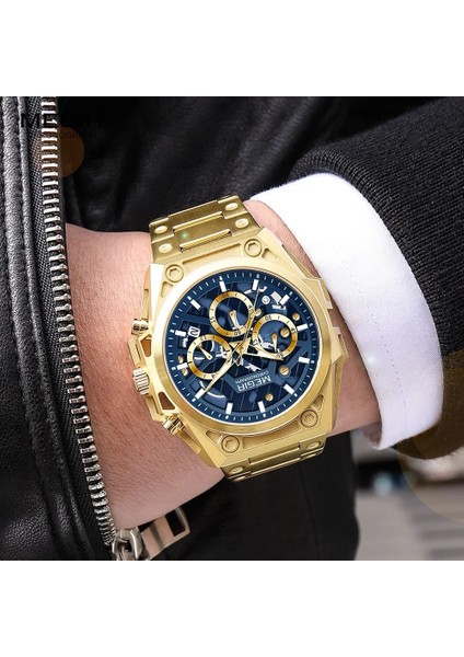 Gül Altın Megır Altın Izle Erkekler Için Paslanmaz Çelik Kronograf Kol Saati Adam Lüks Aydınlık Kuvars Saatler Relogio Masculino Часы Reloj (Yurt Dışından)