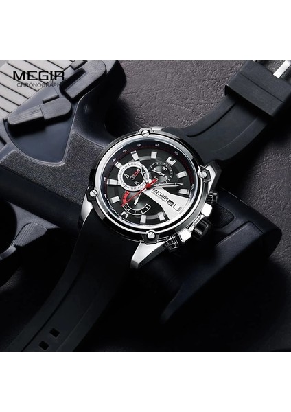 2086G-ALTIN Siyah Megır Silikon Kayış Spor Saatleri Adam Için Chronograph Su Geçirmez Relogios Masculino Adamın Kol Saati Saat 2086 Gümüş Siyah (Yurt Dışından) indirimleri