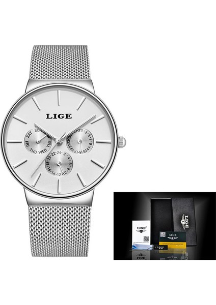 Gümüş Lıge Yeni Moda Erkek Saatler Üst Marka Lüks Kuvars Izle Erkekler Örgü Çelik Su Geçirmez Ultra-Ince Kol Saati Erkekler Için Spor Saat (Yurt Dışından)