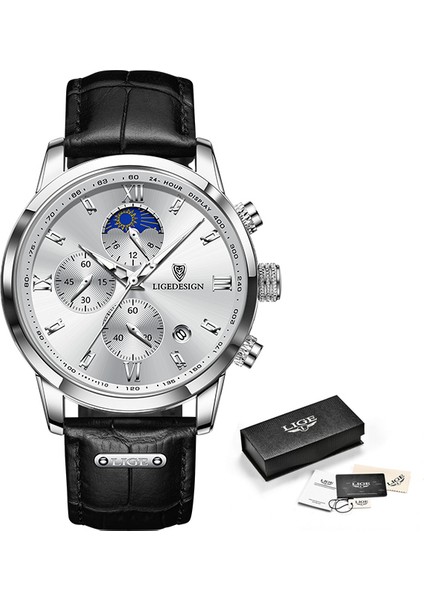 Gümüş Beyaz 100% Orijinal Lıge Izle Erkekler Için Üst Marka Su Geçirmez Spor Chronograph Izle Saat 2022 Yeni Moda Lüks Deri Kol Saatleri (Yurt Dışından)