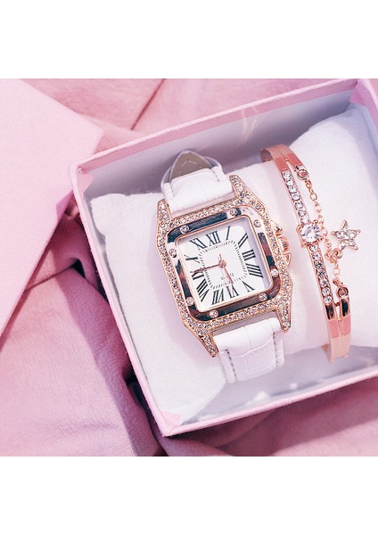 Beyaz Barcelet Kadın Elmas Izle Yıldızlı Kare Kadran Bilezik Saatler Set Bayanlar Deri Band Kuvars Kol Saati Kadın Saat Zegarek Damski (Yurt Dışından)