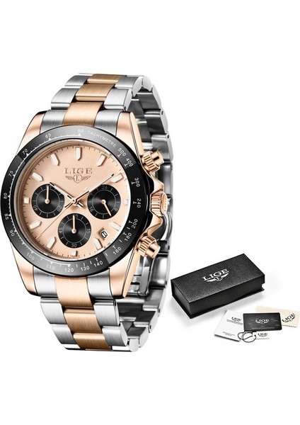 Gül Siyah Lıge Erkekler Saatler Üst Marka Lüks Erkek Spor Paslanmaz Çelik Kuvars Kol Saati Aydınlık Chronograph Takvimli Saat Izle Erkekler Için (Yurt Dışından)