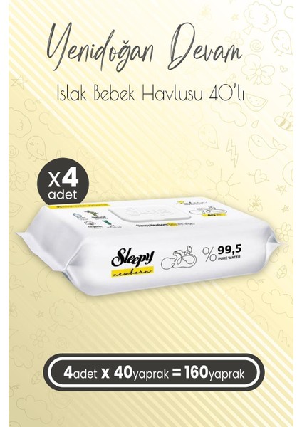 Yenidoğan Devam Islak Bebek Bakım Havlusu 40'lı x 4 (160 Yaprak)