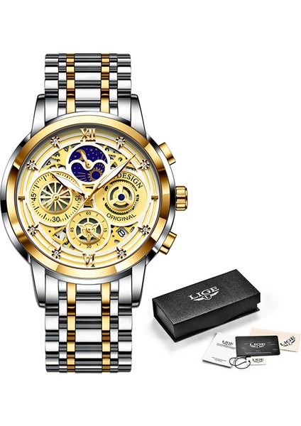Altın Arasında Lıge Chronograph Erkek Saatler Su Geçirmez Paslanmaz Çelik Lüks Hollow Adam Kol Saati Büyük Kadran Otomatik Tarih Kuvars Izle Saat + Kutu (Yurt Dışından)
