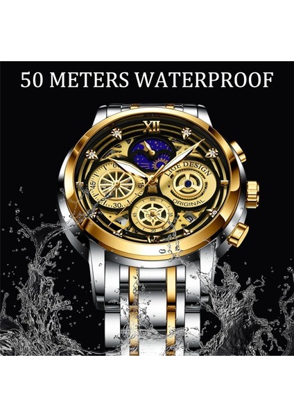 Altın Arasında Lıge Chronograph Erkek Saatler Su Geçirmez Paslanmaz Çelik Lüks Hollow Adam Kol Saati Büyük Kadran Otomatik Tarih Kuvars Izle Saat + Kutu (Yurt Dışından) modelleri