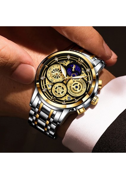 Altın Arasında Lıge Chronograph Erkek Saatler Su Geçirmez Paslanmaz Çelik Lüks Hollow Adam Kol Saati Büyük Kadran Otomatik Tarih Kuvars Izle Saat + Kutu (Yurt Dışından) indirimleri