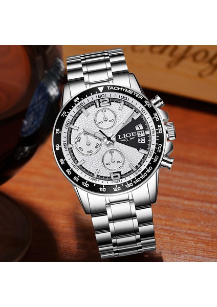 Gümüş Beyaz 2022 Lıge Moda Erkek Saat Paslanmaz Çelik Kuvars Saatler Erkekler Üst Marka Lüks Spor Chronograph Casual Su Geçirmez Bilek Saati (Yurt Dışından) modelleri