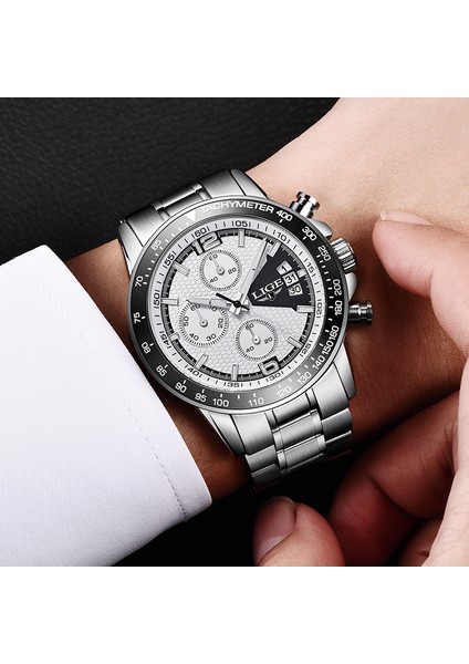 Gümüş Beyaz 2022 Lıge Moda Erkek Saat Paslanmaz Çelik Kuvars Saatler Erkekler Üst Marka Lüks Spor Chronograph Casual Su Geçirmez Bilek Saati (Yurt Dışından) indirimleri