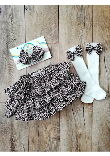 Mini Kids Kız Bebek Leopar Desenli Şort Etek Bandana Çorap Set