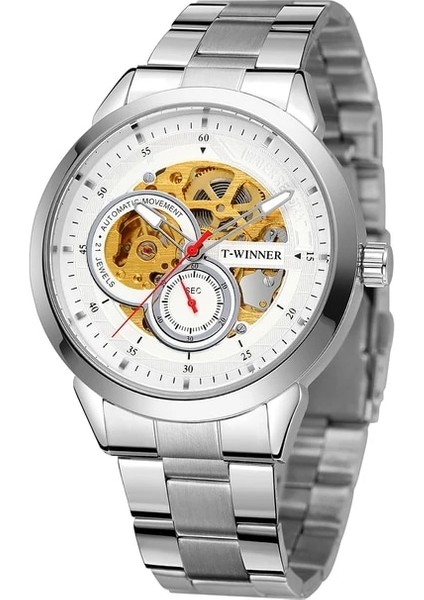 06 T-Kazanan Basit Rüzgar Içi Boş Çift Halkalı Mekanik Saat Altın Yuvarlak Saat Çelik Bant Isteğe Bağlı Çeşitli Renklerde Izle (Yurt Dışından)