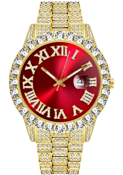 1 Adet Izle Altın Kırmızı 2 Adet Izle + Bilezik Hip Hop Paslanmaz Çelik Altın Rengi Takvim Izle Erkekler Için Buzlu Out Kaplamalı Rhinestones Erkek Izle Reloj Hombre (Yurt Dışından)
