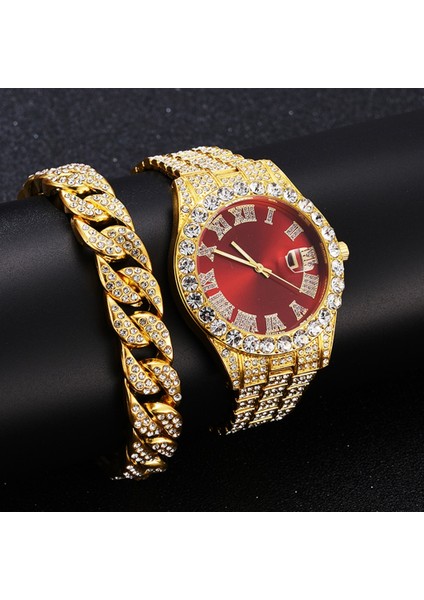 1 Adet Izle Altın Kırmızı 2 Adet Izle + Bilezik Hip Hop Paslanmaz Çelik Altın Rengi Takvim Izle Erkekler Için Buzlu Out Kaplamalı Rhinestones Erkek Izle Reloj Hombre (Yurt Dışından)