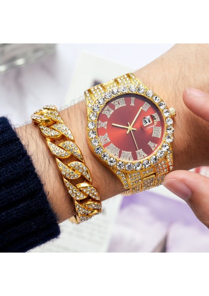 1 Adet Izle Altın Kırmızı 2 Adet Izle + Bilezik Hip Hop Paslanmaz Çelik Altın Rengi Takvim Izle Erkekler Için Buzlu Out Kaplamalı Rhinestones Erkek Izle Reloj Hombre (Yurt Dışından)