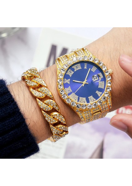1 Adet Izle Altın Kırmızı 2 Adet Izle + Bilezik Hip Hop Paslanmaz Çelik Altın Rengi Takvim Izle Erkekler Için Buzlu Out Kaplamalı Rhinestones Erkek Izle Reloj Hombre (Yurt Dışından)