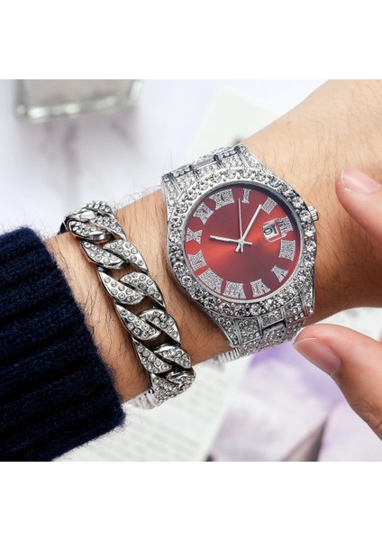 1 Adet Izle Altın Kırmızı 2 Adet Izle + Bilezik Hip Hop Paslanmaz Çelik Altın Rengi Takvim Izle Erkekler Için Buzlu Out Kaplamalı Rhinestones Erkek Izle Reloj Hombre (Yurt Dışından)