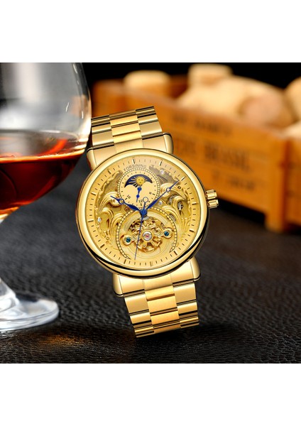 03 Forsınıng Erkek ve Kadın Saatleri Içi Boş 8 Mavi Ibreler Mekanik Saat Dairesel Çelik Bantlı Saat Altın Mekanik Saat (Yurt Dışından) modelleri