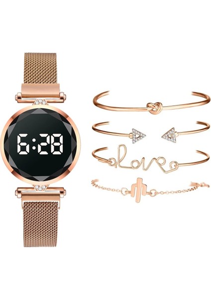 1 Adet Pembe 5 Adet Set Bilezik Izle Kadınlar Lüks Dijital Mıknatıs Gül Altın Paslanmaz Çelik LED Kuvars Saatler Relogio Feminino Dropshipping (Yurt Dışından) indirimleri
