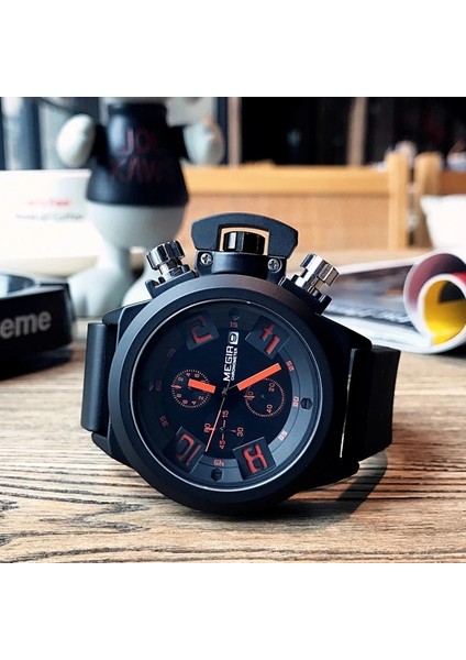 2002 01 Kutulu Megir Moda Erkek Silikon Bant Spor Kuvars Bilek Saatleri Analog Ekran Kronograf Siyah Saat Takvimli Adam Için 2002 (Yurt Dışından) fırsatları