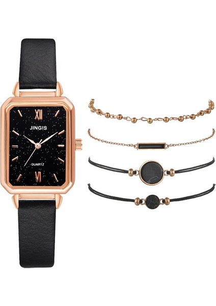 5 Adet Set Siyah 5 Adet Set Saatler Kadın Moda Kare Yeşil Kadran Deri Bayan Bilezik Saatler Set Kuvars Kol Saati Siyah Saat Dropshipping (Yurt Dışından)