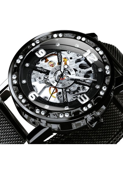 All-Black Forsınıng Altın Izle Erkekler Mekanik Kol Saatleri Buzlu Out Erkek Saatler Top Marka Lüks Çelik Kayış Saatler Часы Мужские (Yurt Dışından)