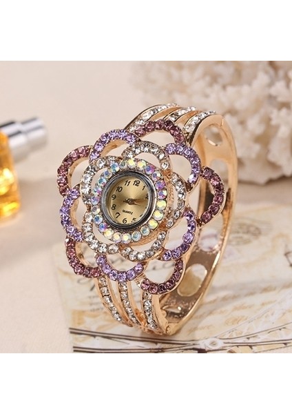 Mor Lüks Zarif Bilezik Izle Bayanlar Çiçek Tasarım Altın Alaşım Bant Kadın Elbise Saatler Kristal Kadın Kol Saati Bayan Saat (Yurt Dışından)