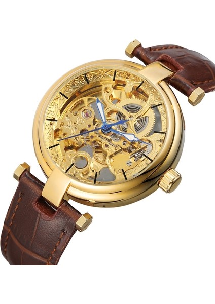 04 Forsınıng Erkek Saati Basit Rahat Içi Boş Tırnak Pulu Mavi Işaretçi Mekanik Saat Dairesel Kemer Saati Siyah Saat (Yurt Dışından)