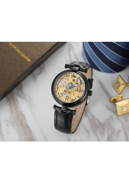 04 Forsınıng Erkek Saati Basit Rahat Içi Boş Tırnak Pulu Mavi Işaretçi Mekanik Saat Dairesel Kemer Saati Siyah Saat (Yurt Dışından) fiyatları