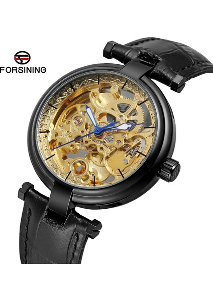 04 Forsınıng Erkek Saati Basit Rahat Içi Boş Tırnak Pulu Mavi Işaretçi Mekanik Saat Dairesel Kemer Saati Siyah Saat (Yurt Dışından) fırsatları