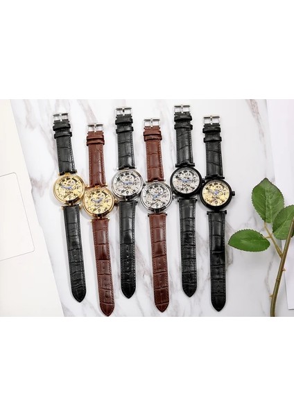 04 Forsınıng Erkek Saati Basit Rahat Içi Boş Tırnak Pulu Mavi Işaretçi Mekanik Saat Dairesel Kemer Saati Siyah Saat (Yurt Dışından) indirimleri