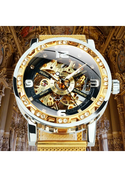 All-Black Forsınıng Altın Izle Erkekler Mekanik Kol Saatleri Buzlu Out Erkek Saatler Top Marka Lüks Çelik Kayış Saatler Часы Мужские (Yurt Dışından) modelleri