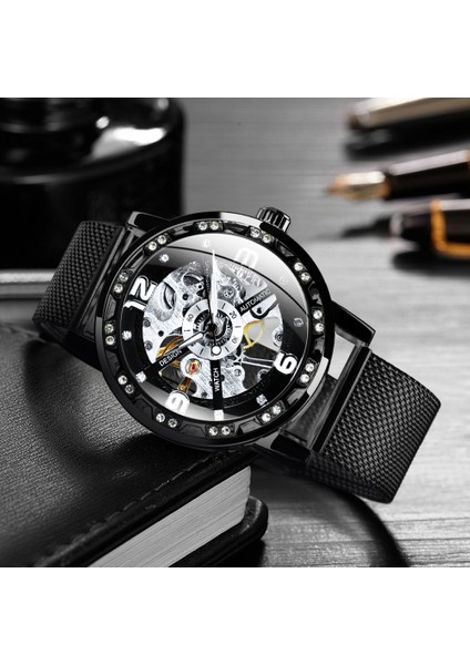 All-Black Forsınıng Altın Izle Erkekler Mekanik Kol Saatleri Buzlu Out Erkek Saatler Top Marka Lüks Çelik Kayış Saatler Часы Мужские (Yurt Dışından) indirimleri