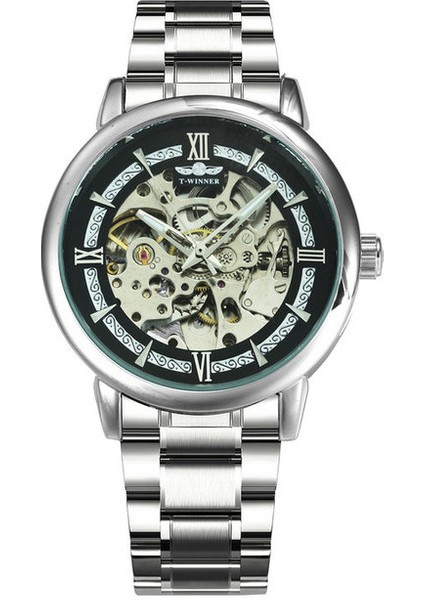 Gümüş-Sıyah Mekanik Bilek Saatler Erkekler Için Kraliyet Kol Saati Lüks Marka Paslanmaz Çelik Kayış Glow Wınner Saat Saat Erkek (Yurt Dışından)
