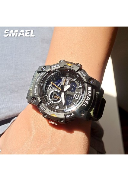 Camo Haki Smael Çift Zamanlı Dijital Saat Erkekler Için Askeri Spor Kronograf Kuvars Kol Saati Kamuflaj Zeytin Yeşili Kayış Tarihi 8007 (Yurt Dışından)