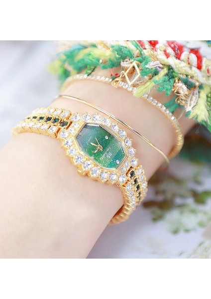 Gül Altın Saat Tam Bling Buzlu Lüks Kristal Kadın Moda Bilezik Saat Bs Elmas Altın Yeşil Gümüş Mavi Renk Bilezik Relogio Mulher (Yurt Dışından)