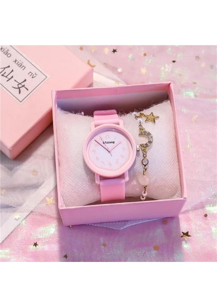 Pembe Kadın Izle Karikatür Jöle Numaraları Dial Bilezik Saatler Set Bayanlar Lastik Bant Kuvars Kol Saati Kadın Kadın Saat Kız Için (Yurt Dışından)