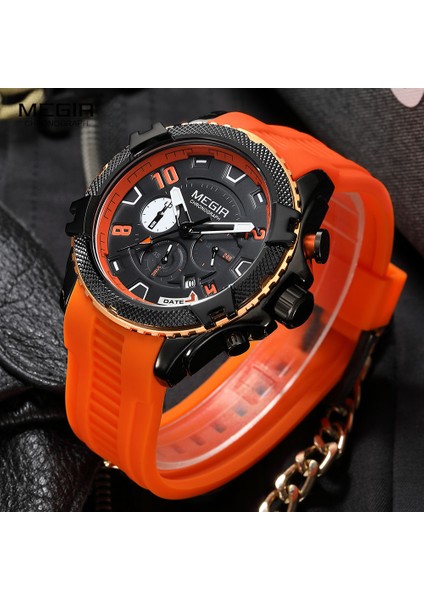 Siyah Yeşil Kutu Megır Erkekler Için Moda Izle Turuncu Silikon Kayış Spor Kronograf Kuvars Kol Saati Tarih 24 Saat Ekran 3ATM Su Geçirmez (Yurt Dışından) indirimleri