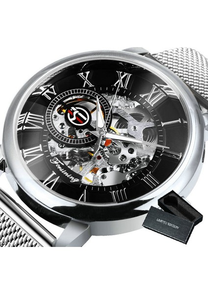 Bo Gümüş Sıyah Forsınıng Erkekler Için Izle Mekanik Saatler Mavi Ultra Ince Örgü Kayış Moda Rahat Kol Saati Aydınlık Eller Saat (Yurt Dışından)