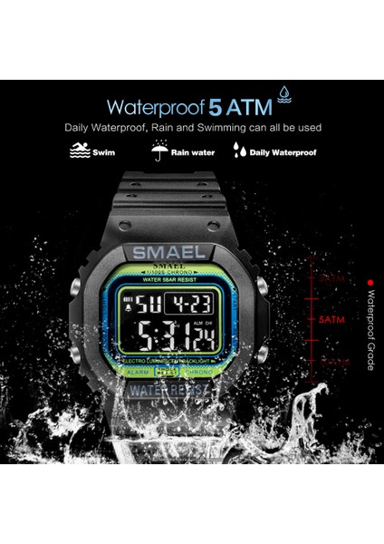 Siyah Mavi Smael Açık Spor Dijital Saat Erkek Kadın LED Çalar Saat 50 M Su Geçirmez Kamuflaj Unisex Saatler Relogio Reloj Часы Мужские (Yurt Dışından)