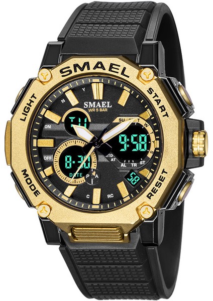 Siyah-Altın Kuvars Saatler Spor Smael Marka Erkek Saat Alarmı 50 M Su Geçirmez Kronometre LED Arka Işık Kol Saatleri 8047 Erkekler Izle Spor (Yurt Dışından)