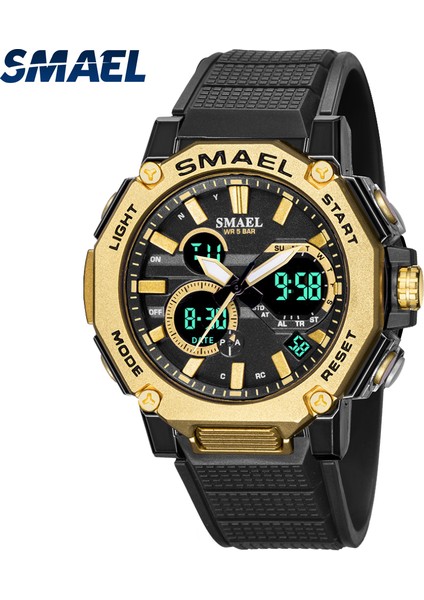 Siyah-Altın Kuvars Saatler Spor Smael Marka Erkek Saat Alarmı 50 M Su Geçirmez Kronometre LED Arka Işık Kol Saatleri 8047 Erkekler Izle Spor (Yurt Dışından) fiyatları