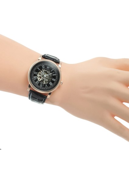 Siyah 02 Forsınıng Erkek ve Kadın Mekanik Saati Basit Rüzgar Içi Boş Dairesel Roma Dijital Mekanik Saat Siyah Kayış Kol Saati (Yurt Dışından) indirimleri